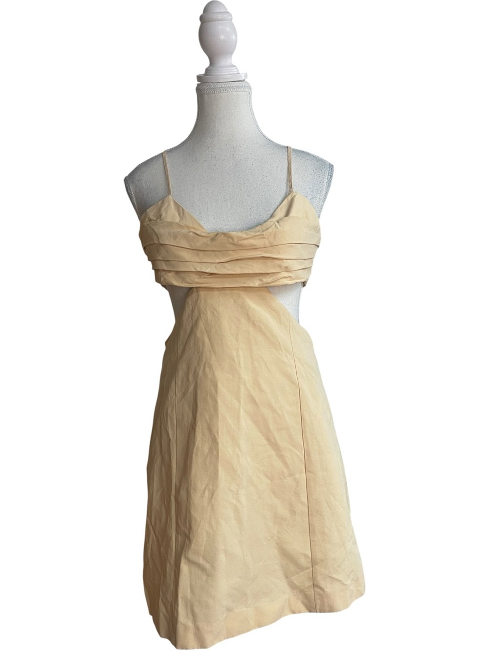 Zara Cutout Ruched Linen Mini Dress Tan Peach